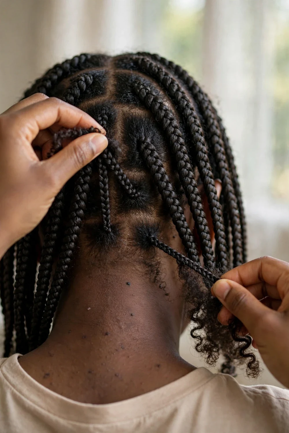 Hands carefully unraveling one row of box braids to reduce overall scalp tension