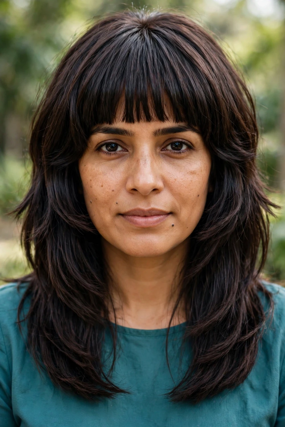 Woman with a retro blunt-end long shag haircut, shaggy layered interior balanced with blunt polished ends