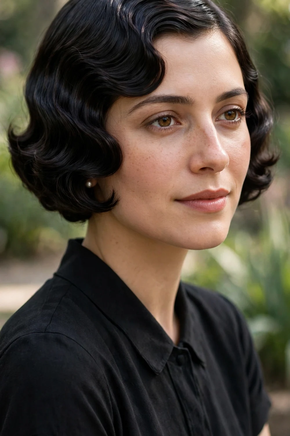 Woman with a retro 1920s style Italian bob haircut with soft waves