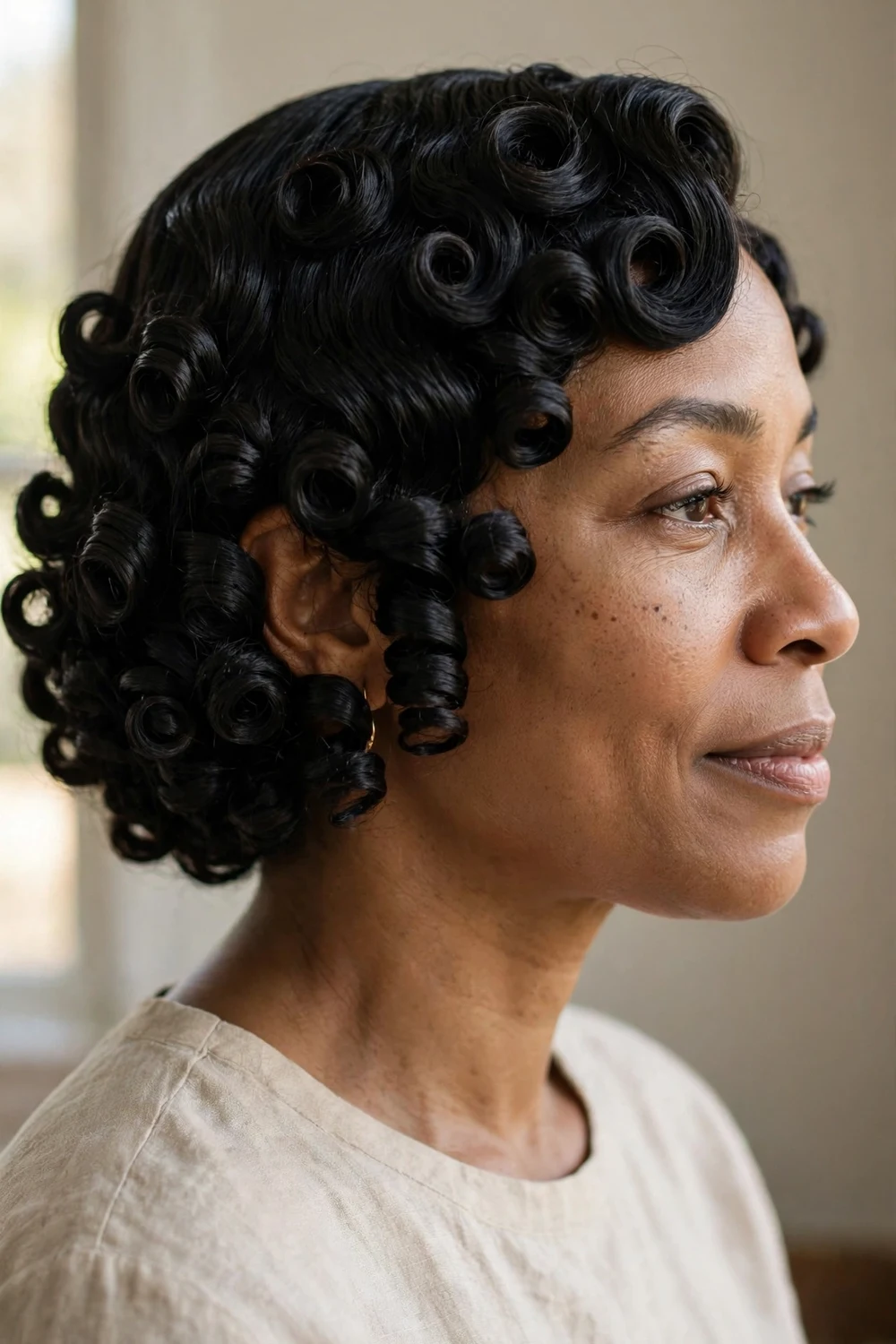 Woman with black bob hair in retro pin curls