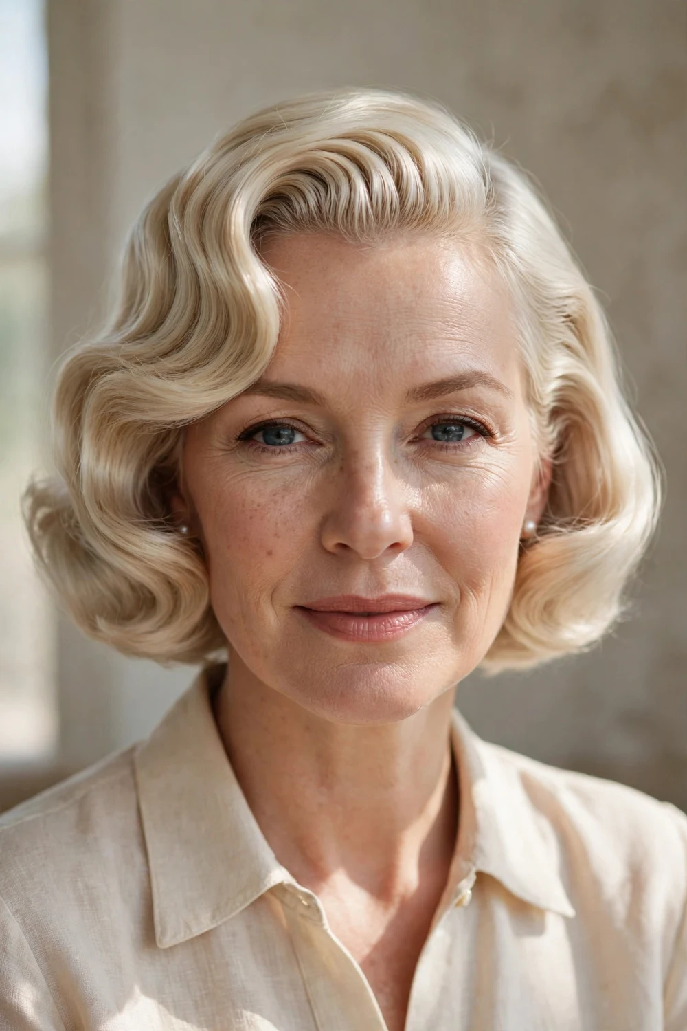 Retro glam wave short bob on platinum blonde hair, front view