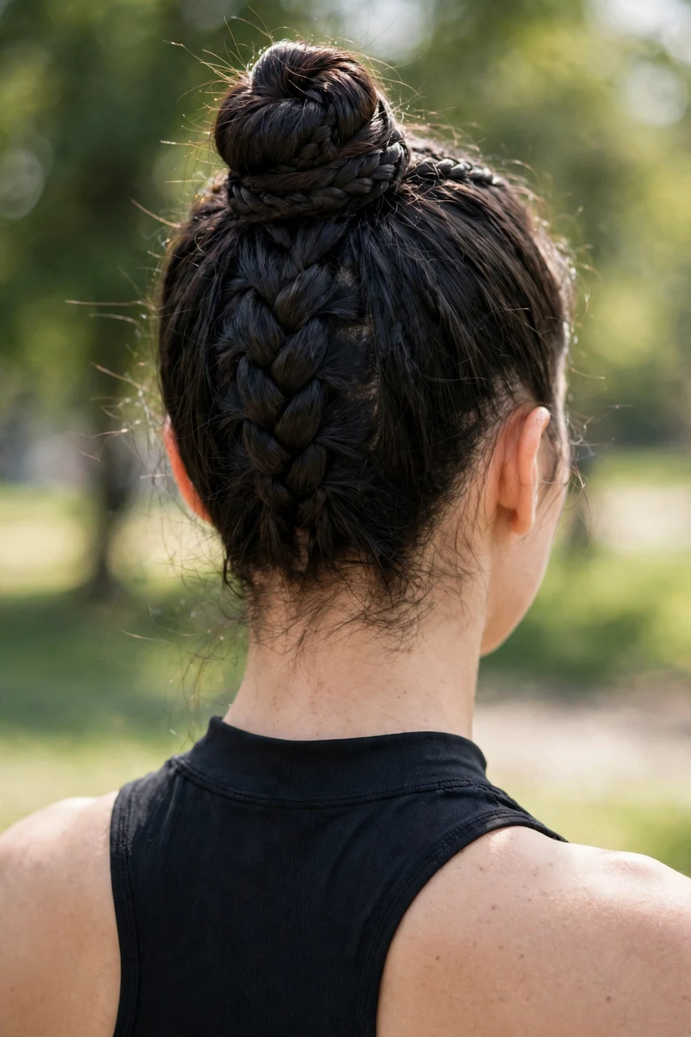 Woman with a reverse braid going upward into a bun