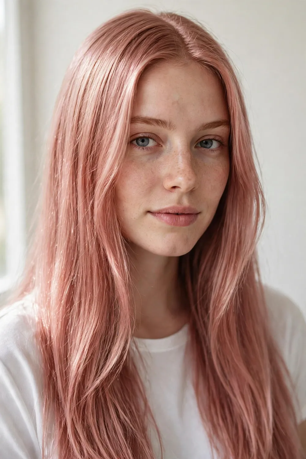 Young woman with all-over classic rose gold hair in long straight layers