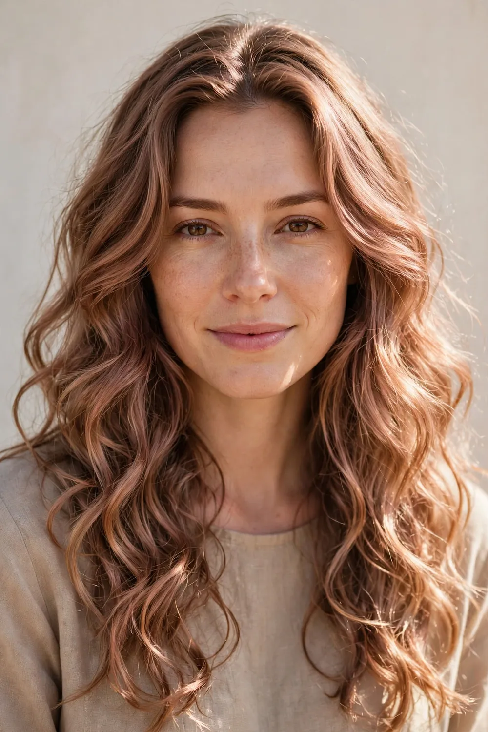 Woman with desert rose gold hair, light brown base with subtle rose gold highlights