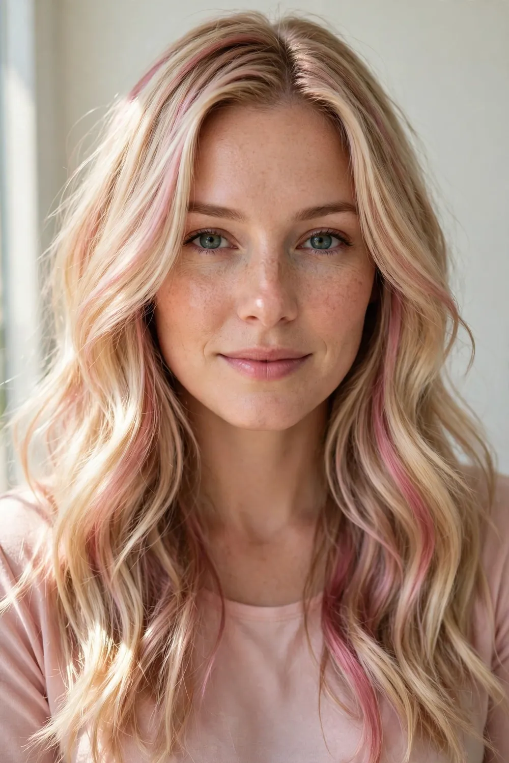 Woman with blonde hair and dimensional pastel pink rose gold highlights