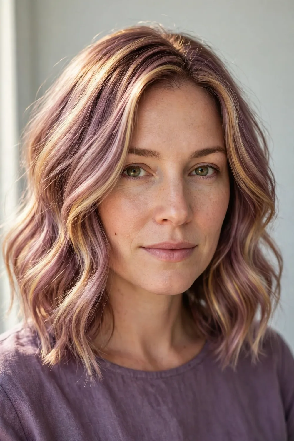 Woman with golden mauve hair mixing cool mauve, soft pink, and gold tones