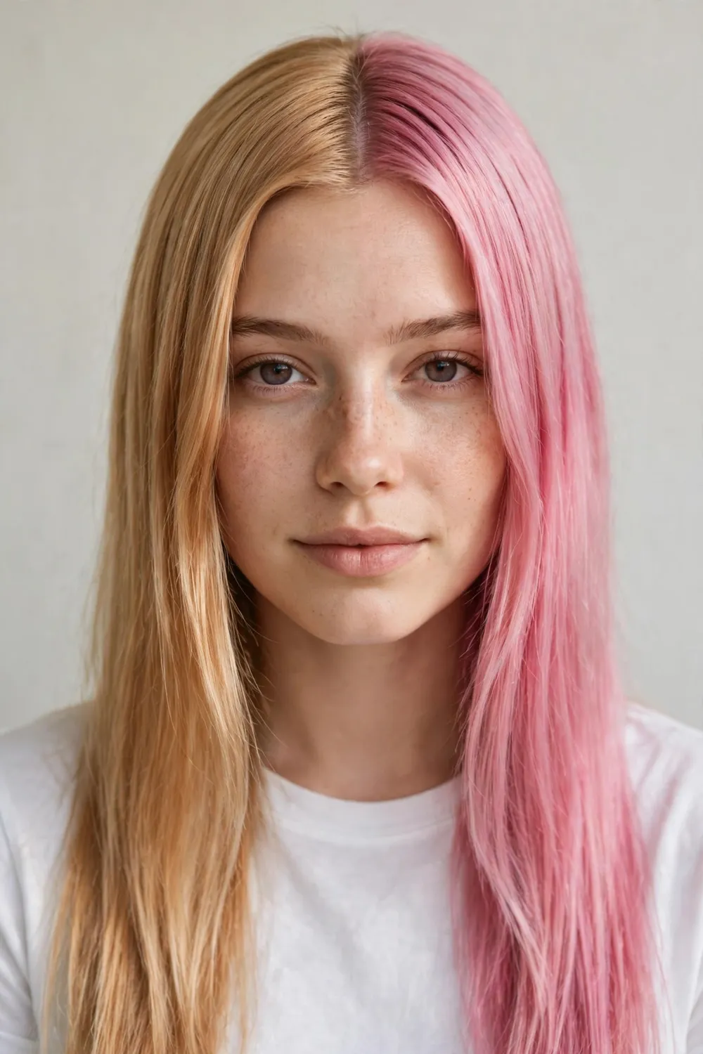 Young woman with half-and-half hair, golden blonde on one side and pink on the other