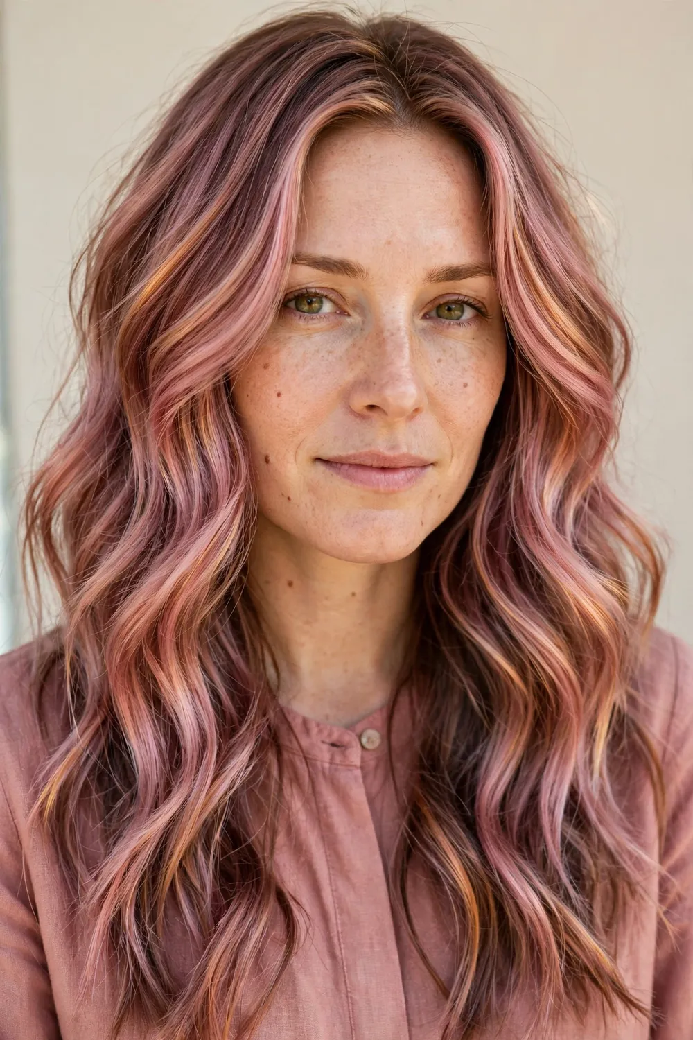 Woman with lived-in pink waves, rose gold highlights and lowlights in long hair