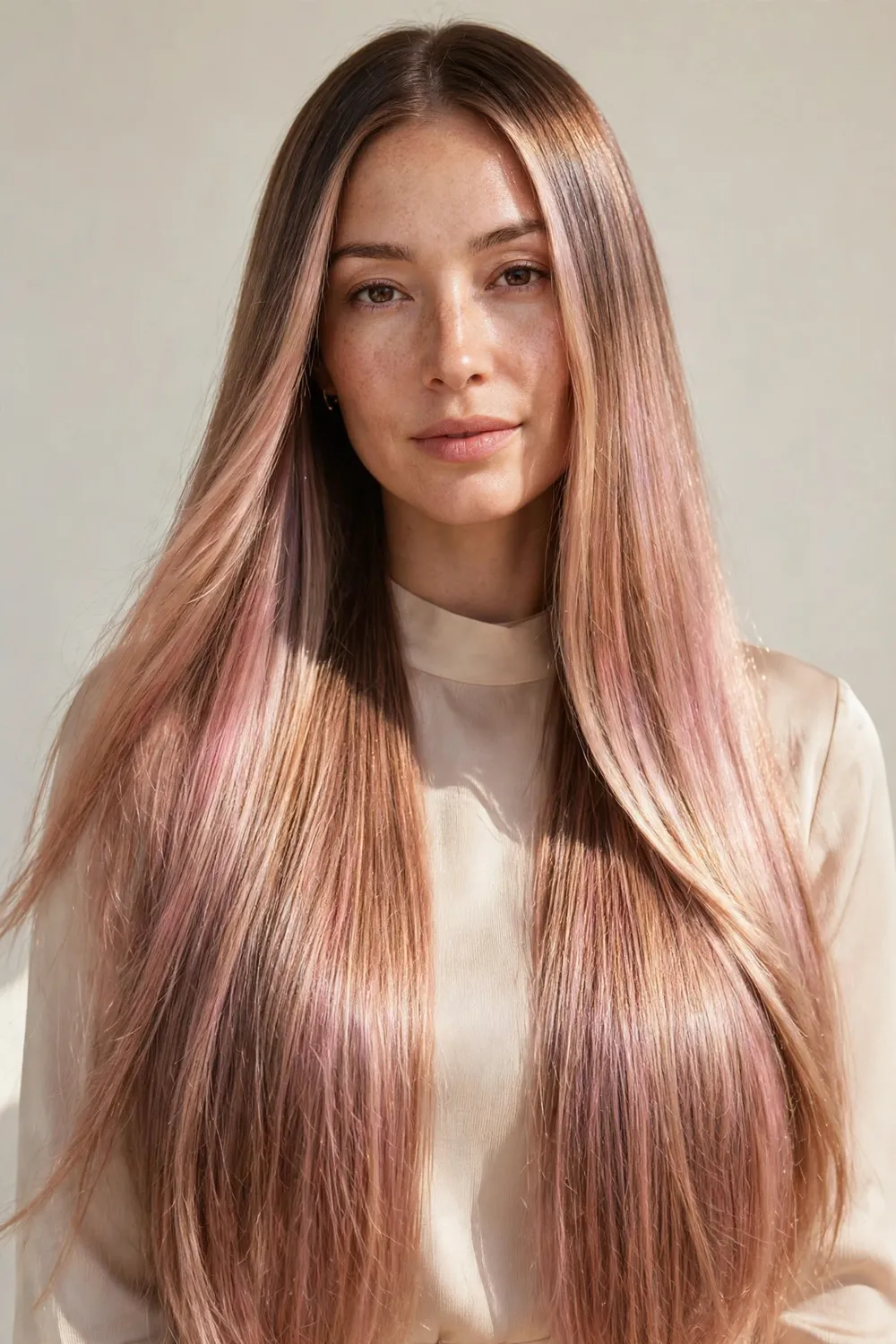Woman with long hair and metallic rose gold balayage with a glossy finish