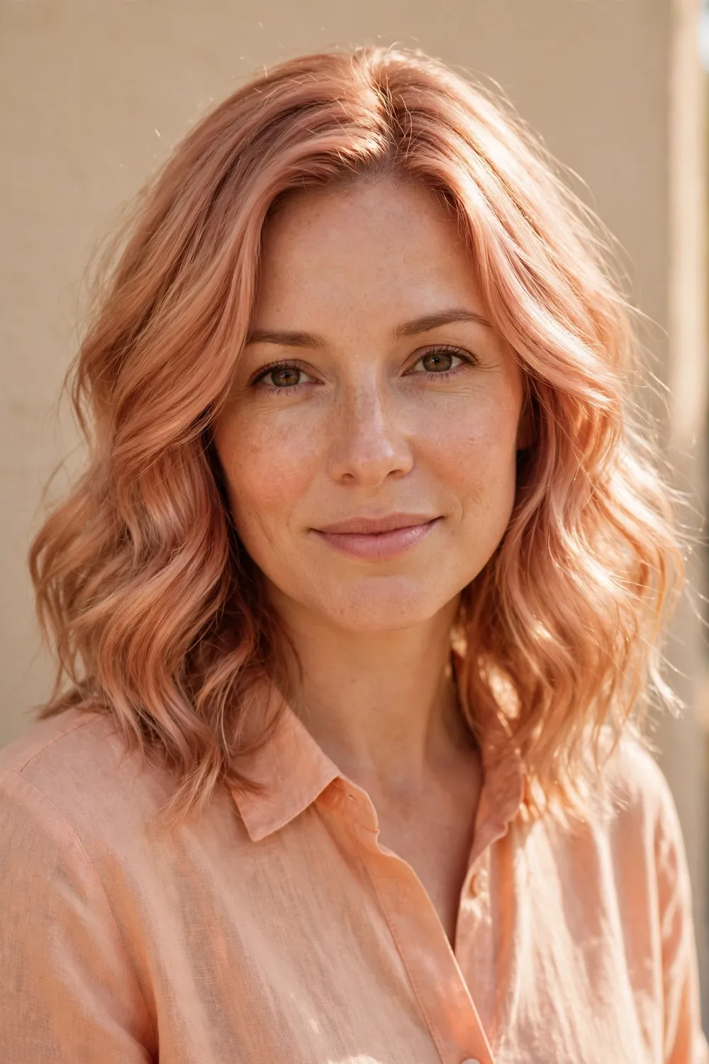 Woman with peachy rose gold hair in soft waves