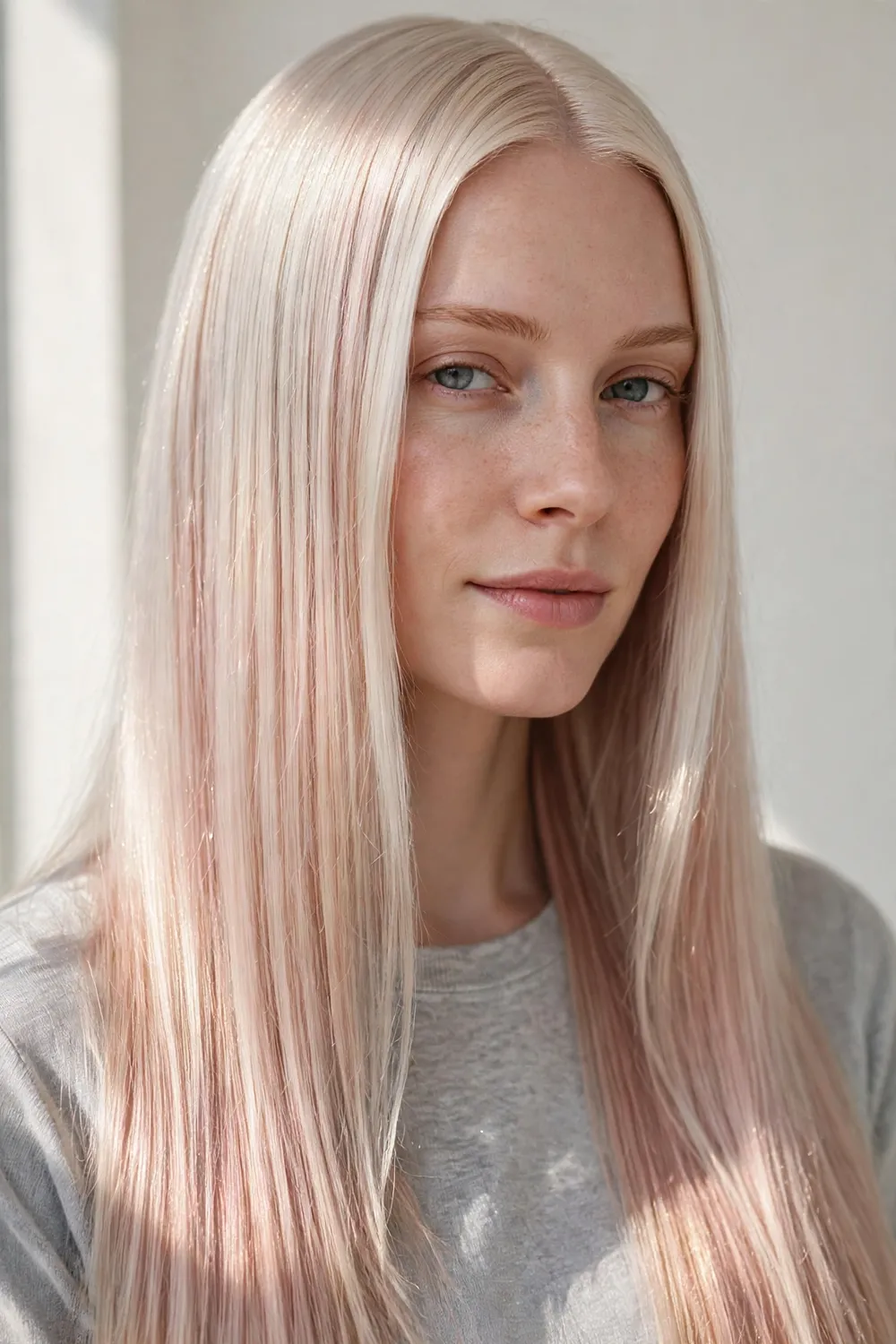 Woman with platinum rose gold hair, icy blonde with a pink gold sheen