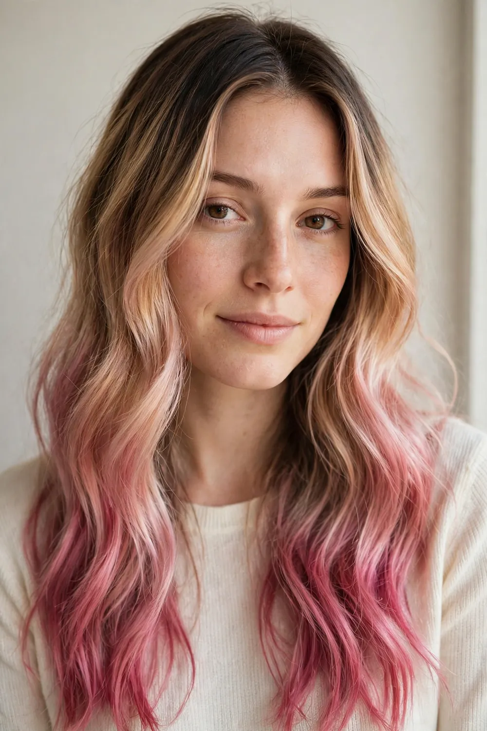 Woman with reverse rose gold balayage, darker pink ends on a blonde base