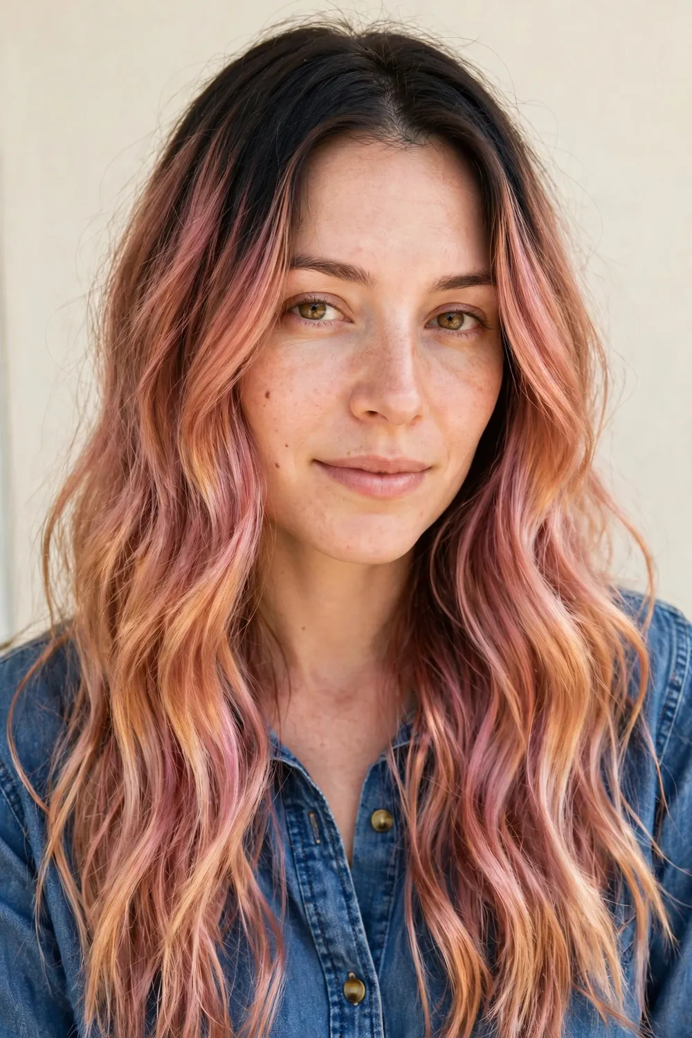 Woman with rooted rose gold hair, dark natural roots melting into pink gold lengths