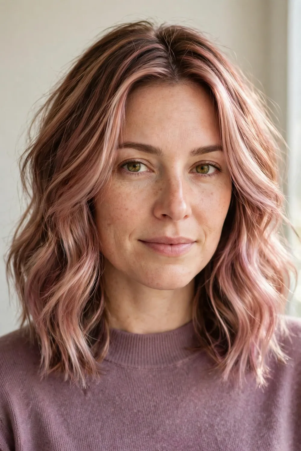 Woman with rose bronde hair blending brown, blonde, and soft pink tones