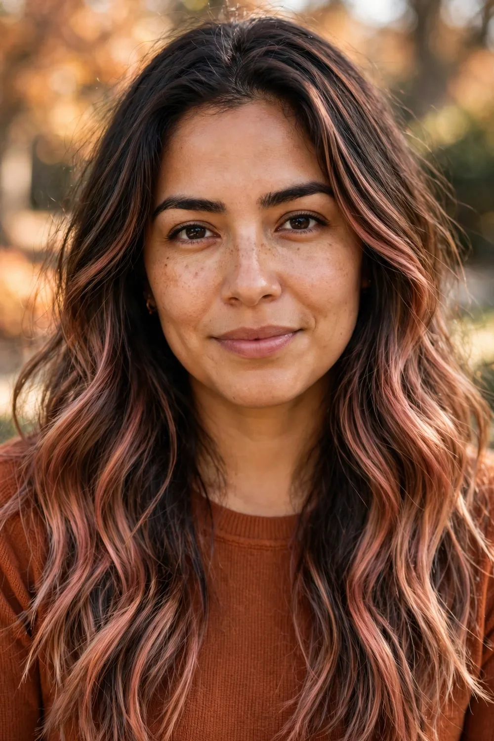 Latina woman with dark brown hair and rose gold balayage highlights