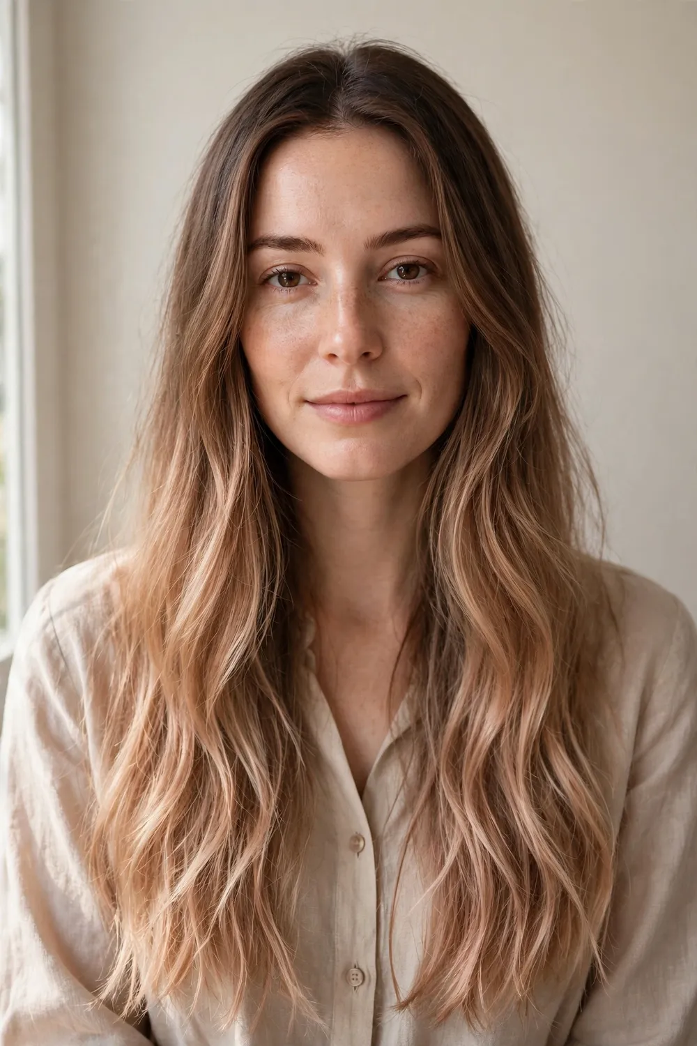 Woman with neutral brown hair melting into soft sandy rose gold ends