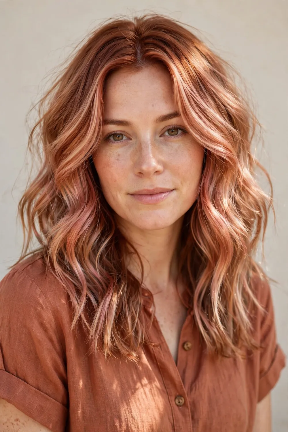 Woman with copper hair blended with peachy pink and champagne rose gold streaks