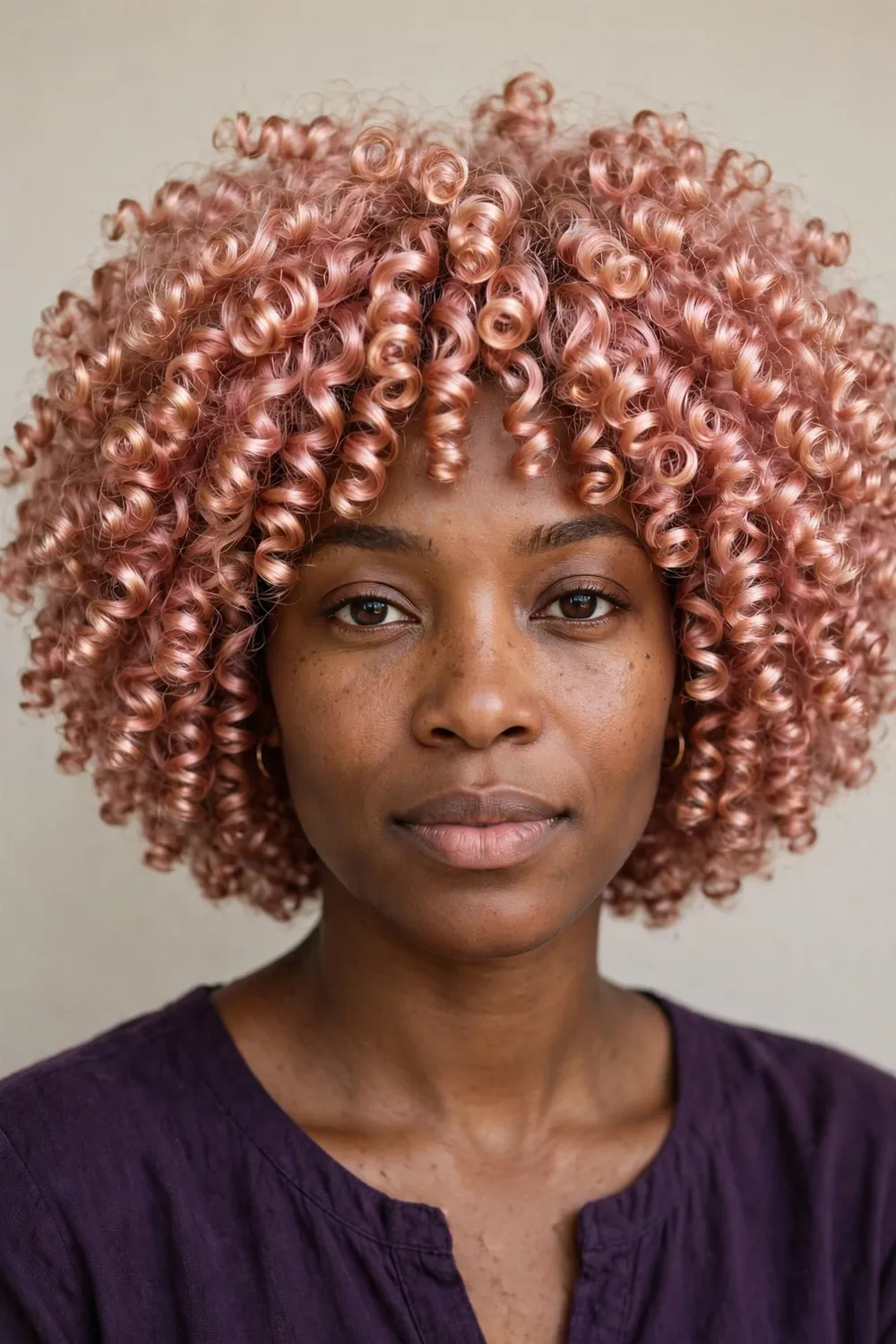 Black woman with a voluminous curly rose gold bob