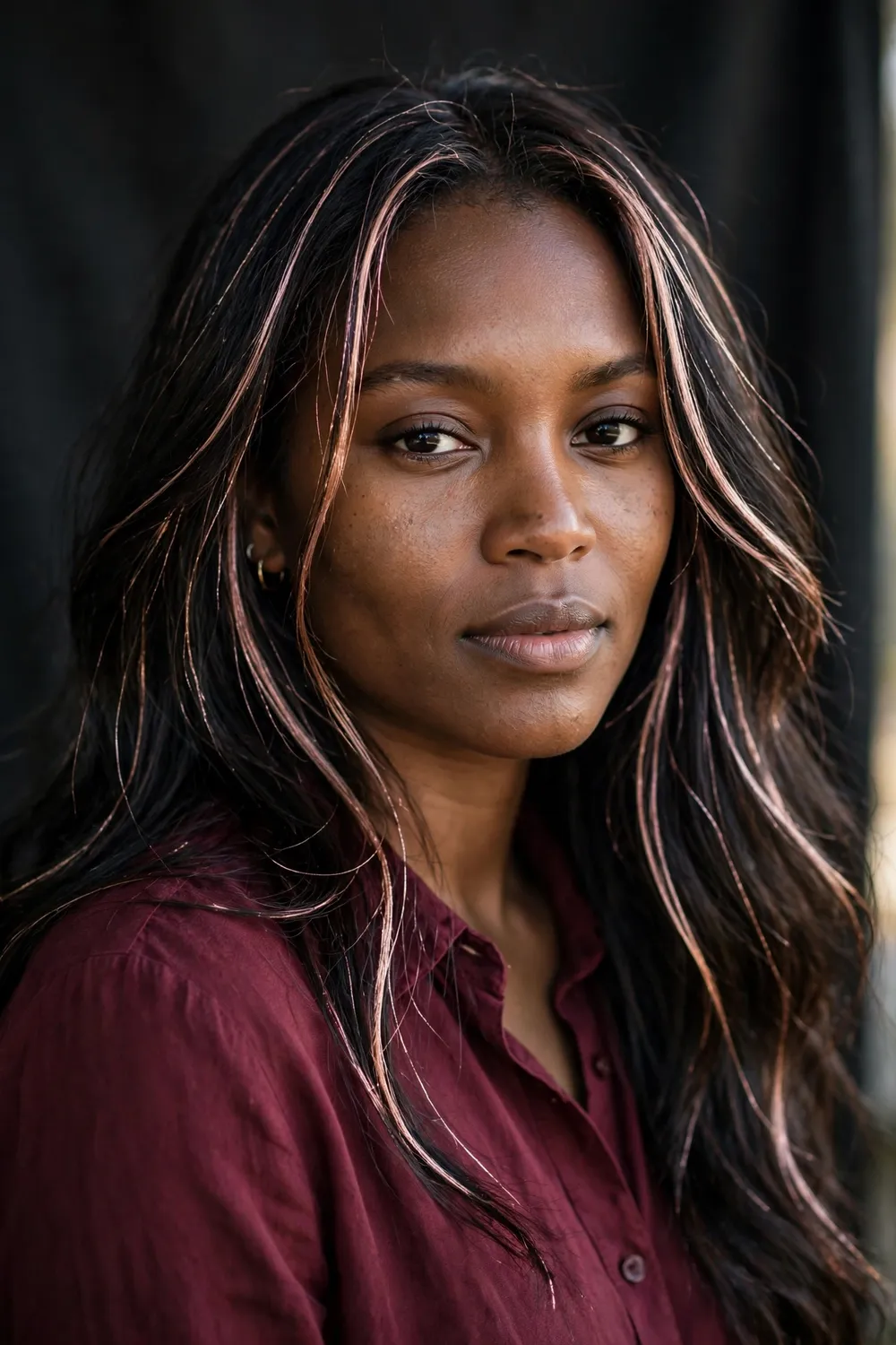 Black woman with dark hair and rose gold face-framing highlights