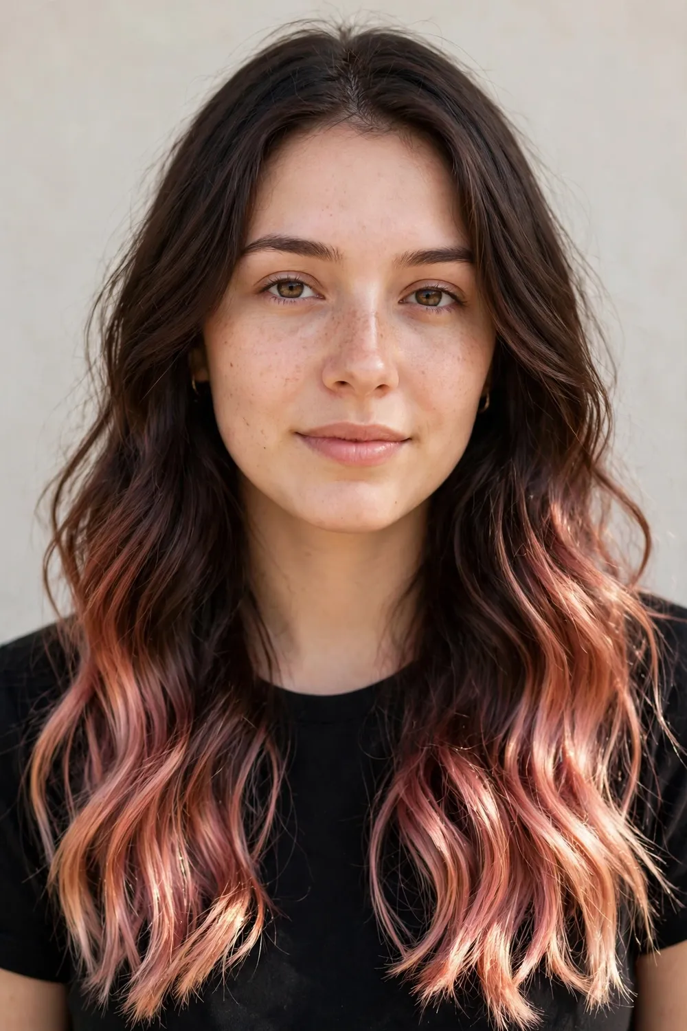 Young woman with dark hair and rose gold dip-dyed ends