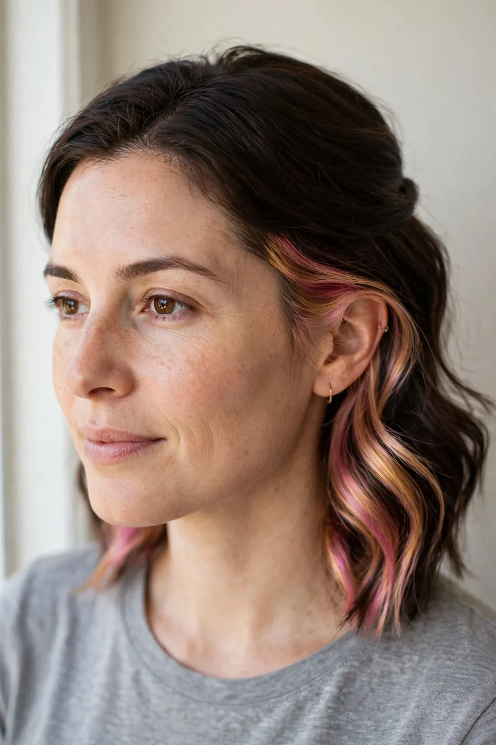 Woman with dark brown hair revealing rose gold peekaboo highlights underneath