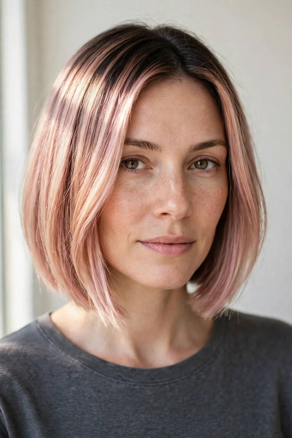 Woman with a bob haircut and rose gold shadow root, darker roots blending to pink gold