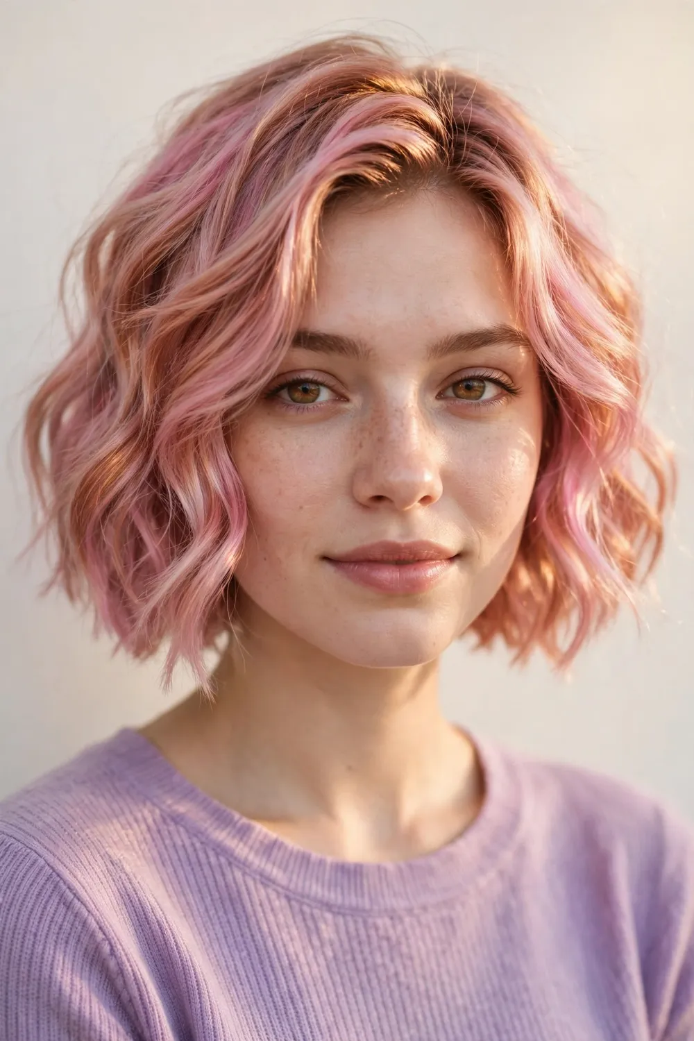 Young woman with a short wavy bob in pastel pink and rose gold unicorn shades
