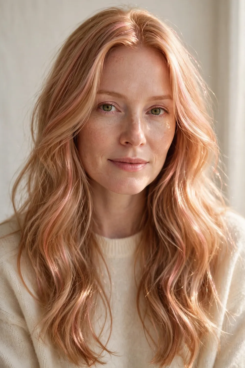 Woman with strawberry blonde hair and rose gold highlights