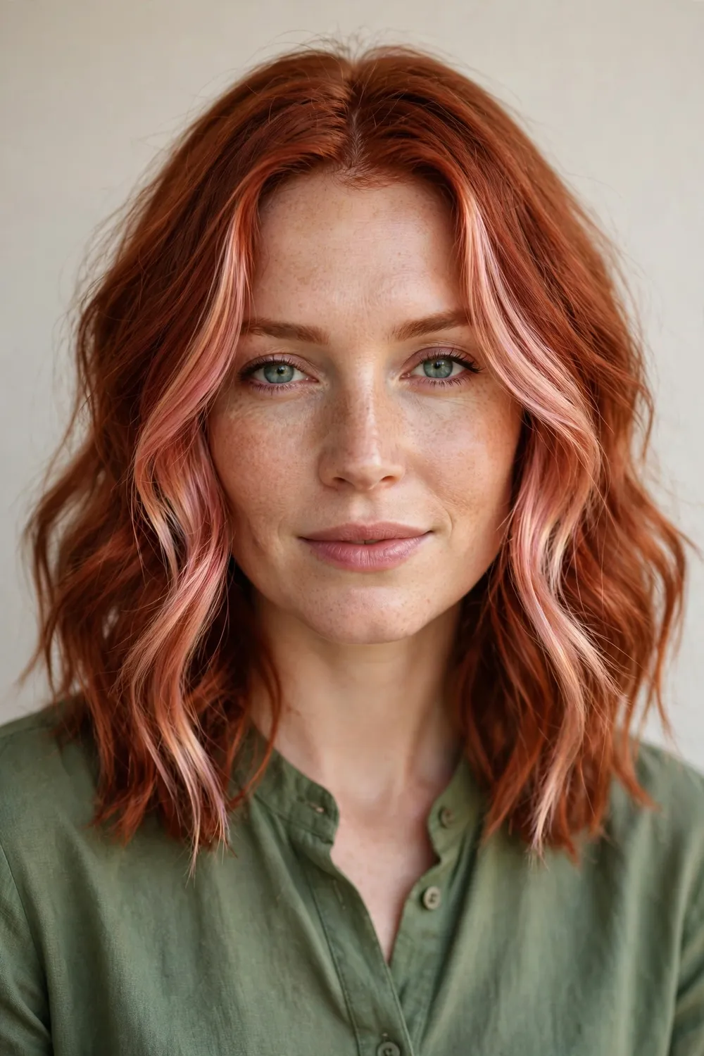 Woman with red hair and rose gold face-framing highlight pieces