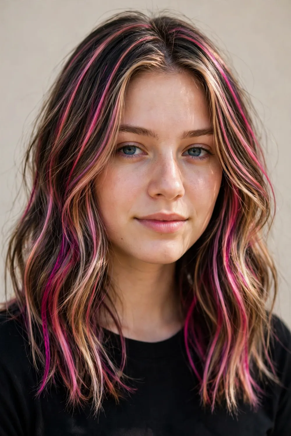 Young woman with vivid rose pink and magenta highlights in dark blonde hair