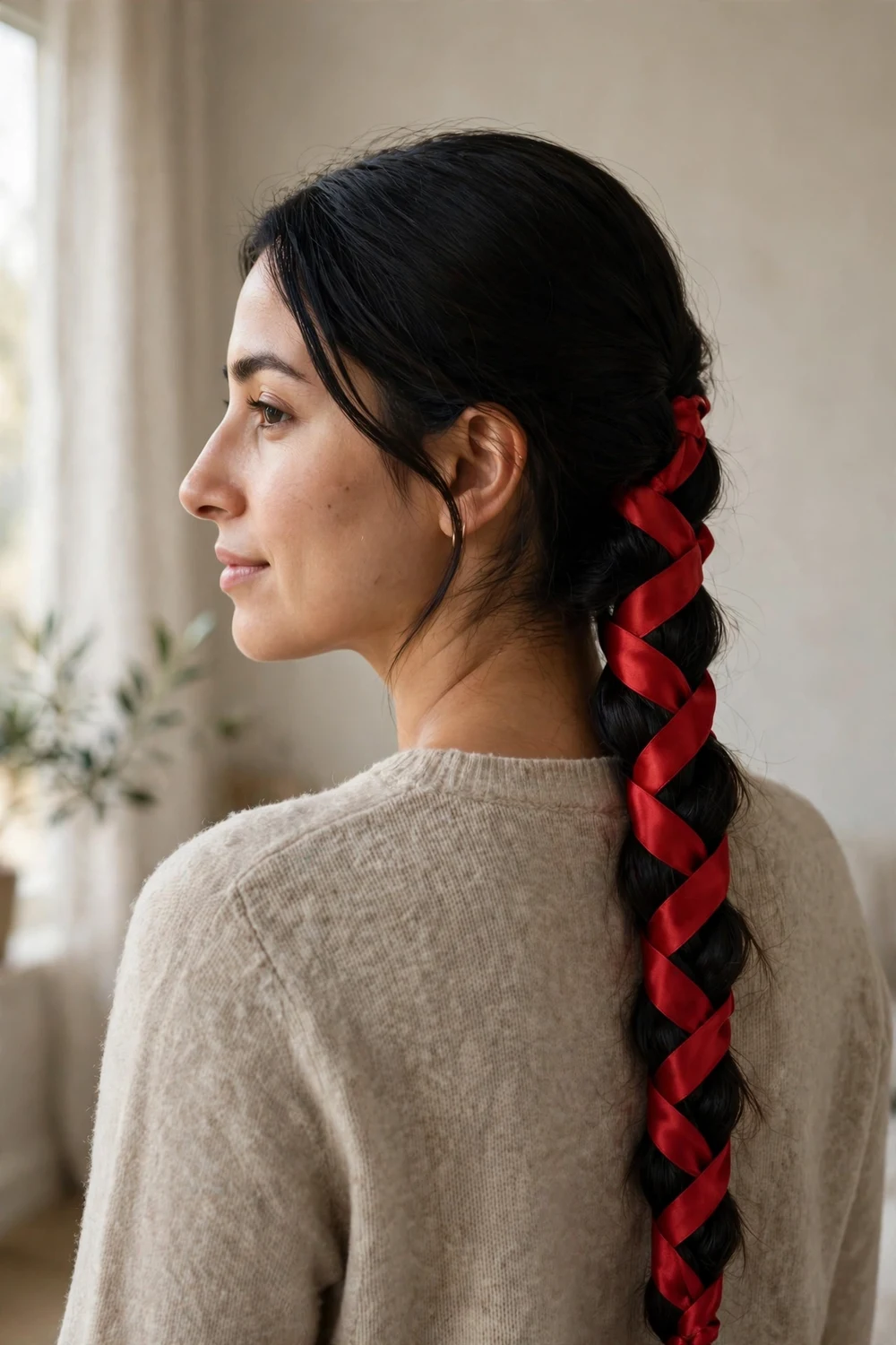 Woman with long braid woven with red ribbon for Christmas