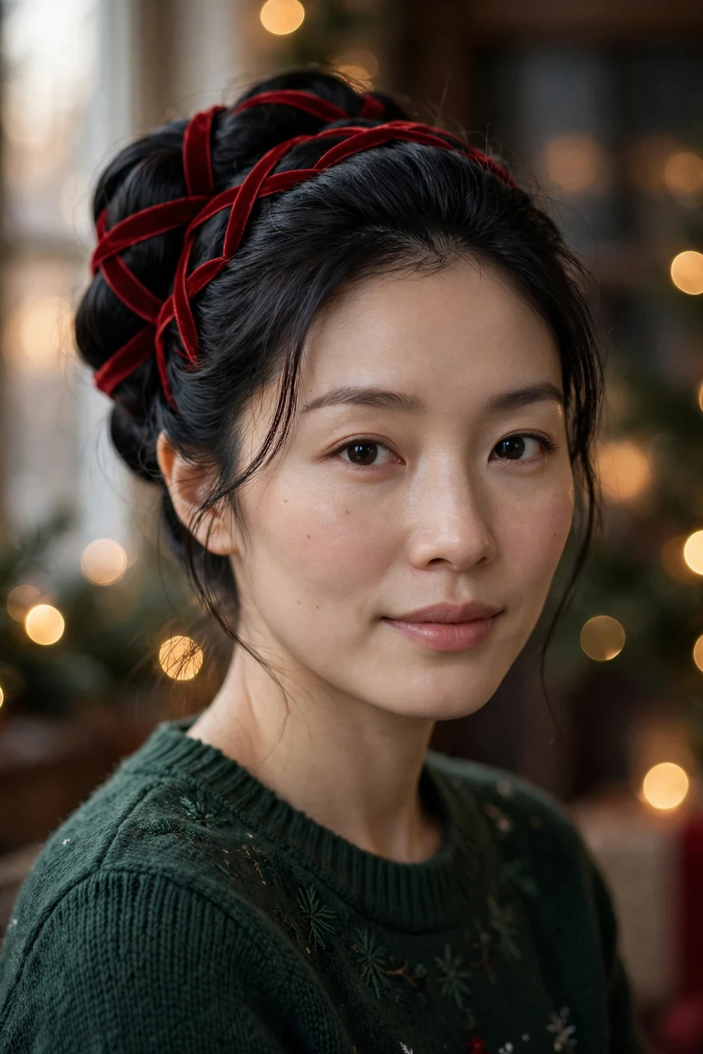 Woman with updo laced with velvet ribbon woven through