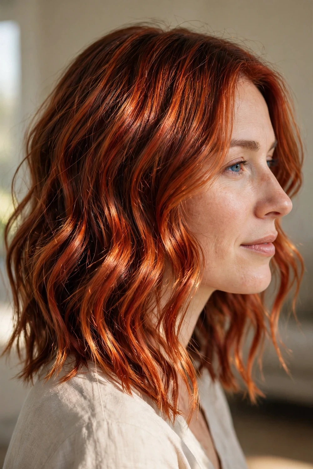 Rich red copper balayage with glossy coppery dimension