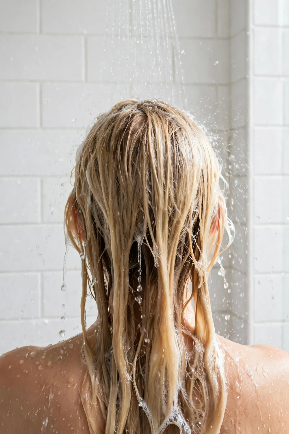Rinsing shampoo from long hair under shower water