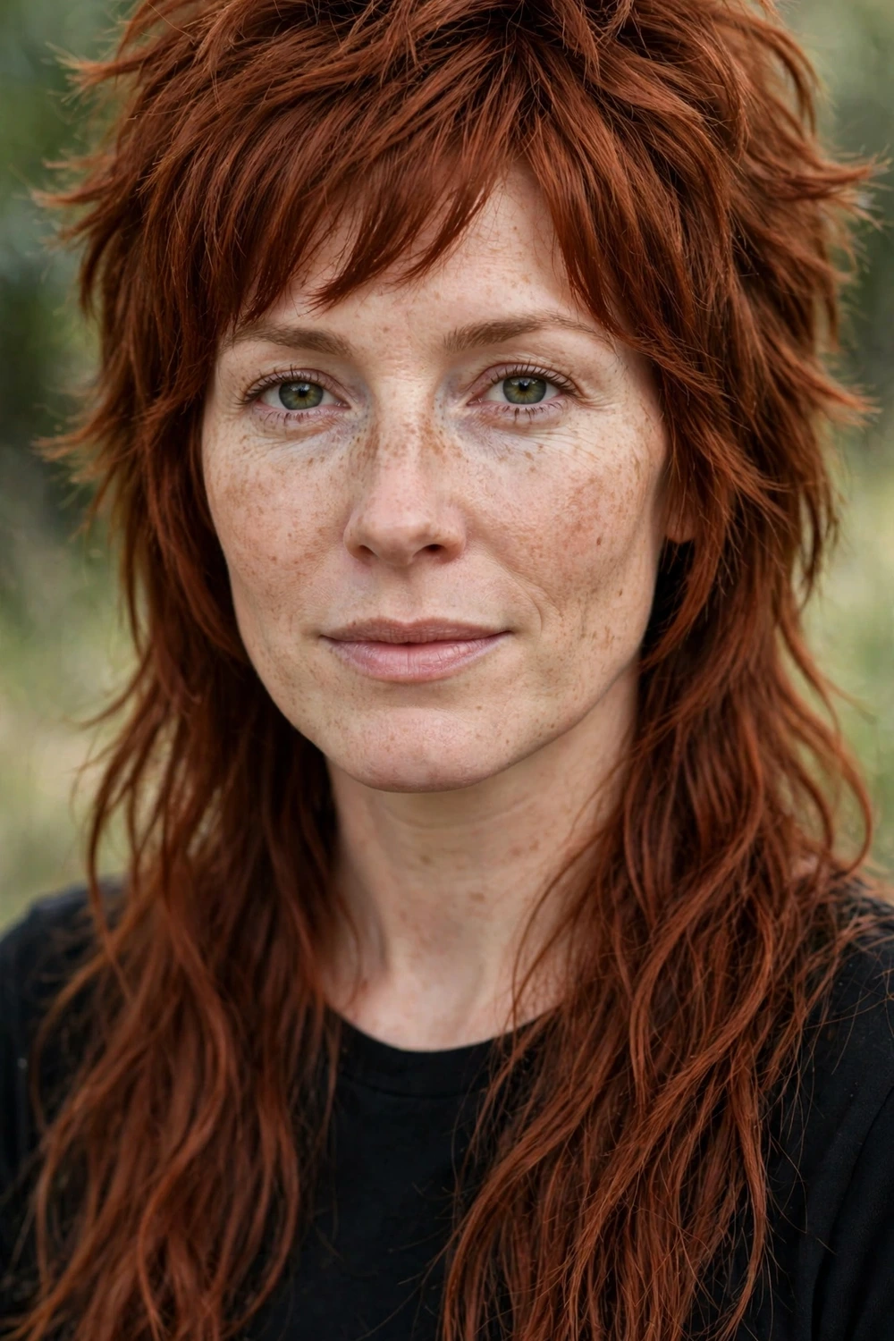 Woman with a rocker mullet-inspired long shag haircut, stacked shorter crown with long textured back perimeter