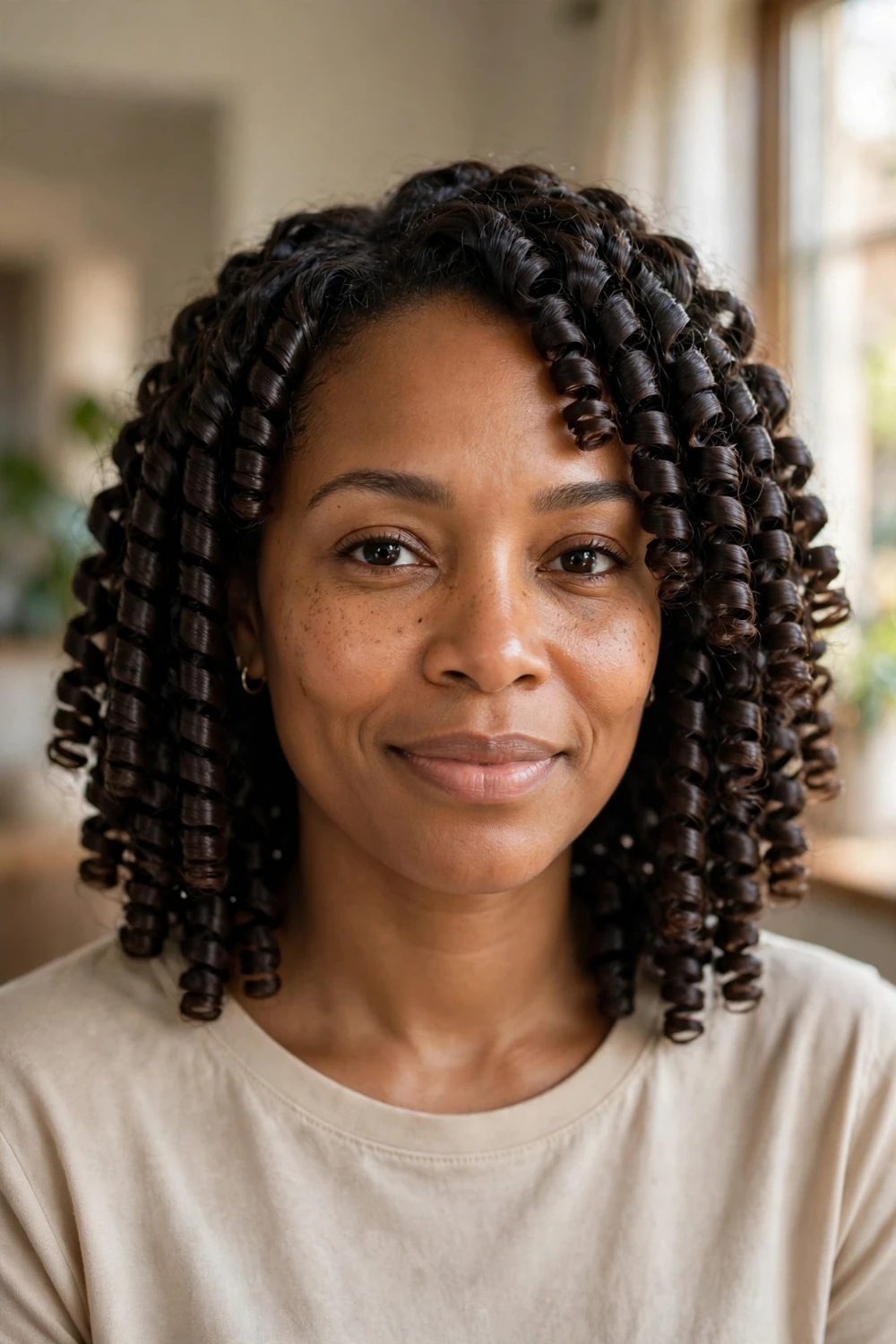 Black woman with uniform rod set curls at medium length, glossy ringlets