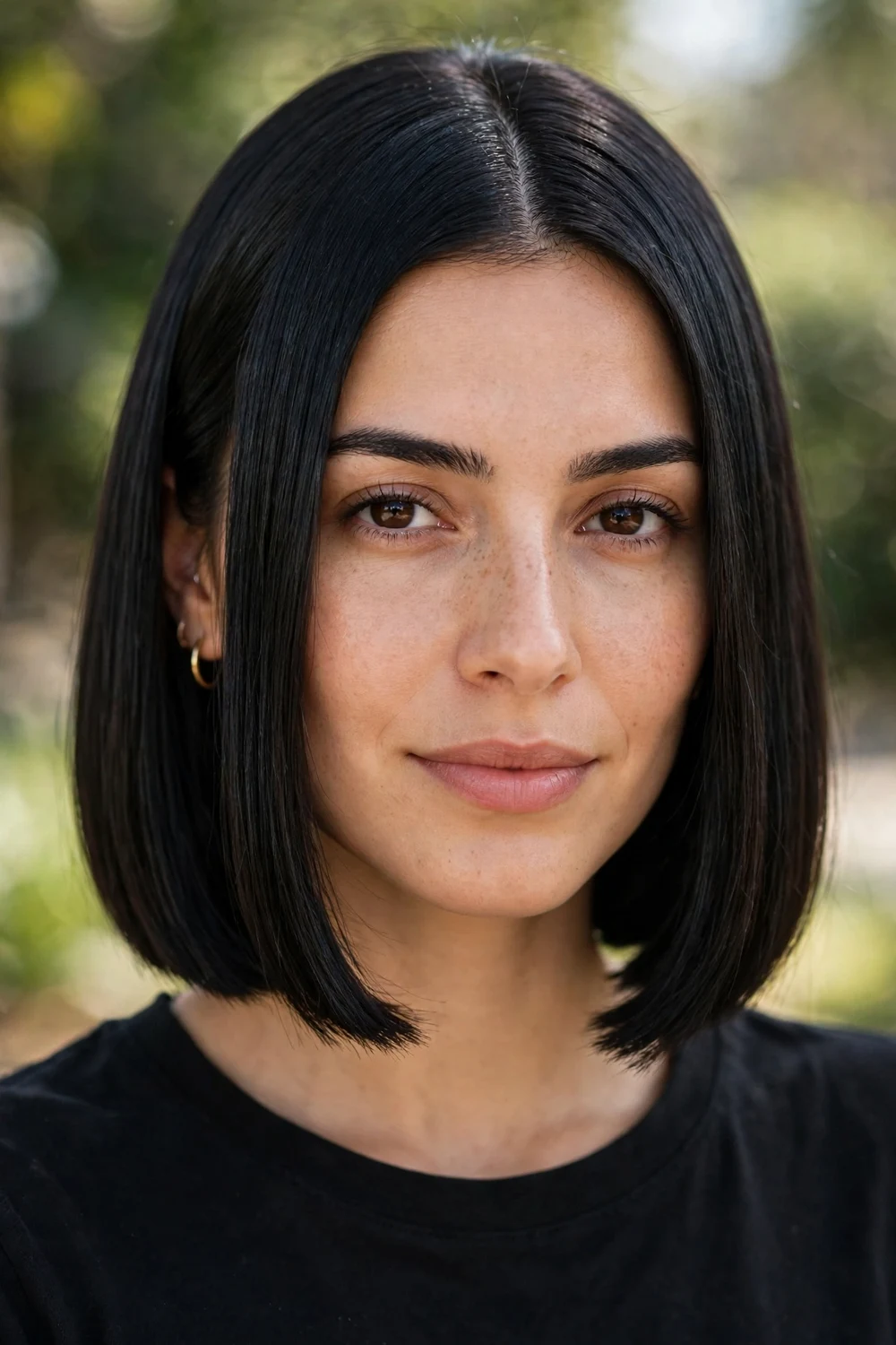 Woman with a Roman blunt Italian bob haircut with sharp chin-length ends