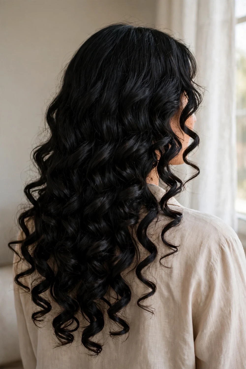 Woman with romantic bouncy curls for Christmas long hair