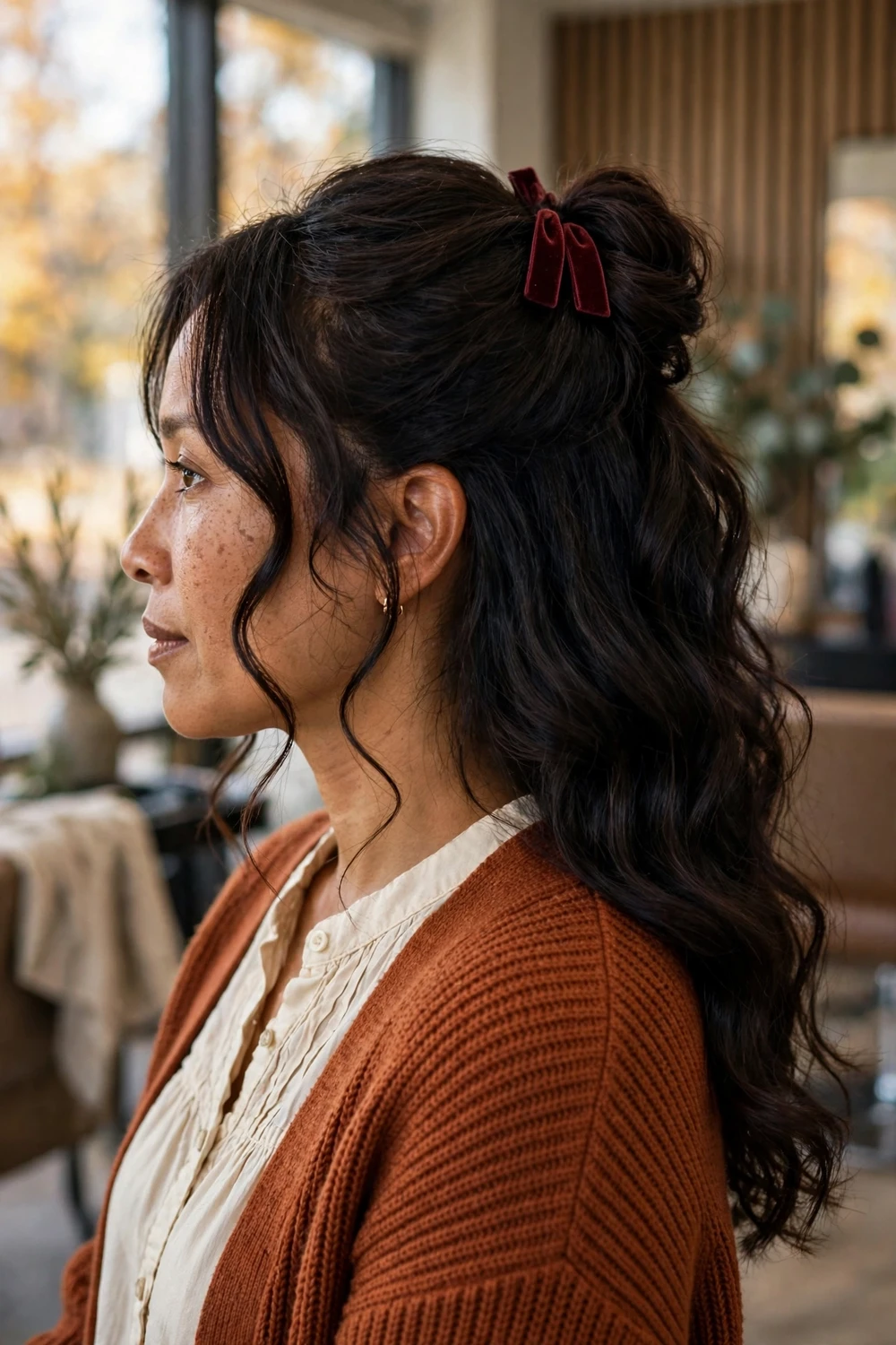 Romantic half-up hairstyle secured with a velvet hair clip