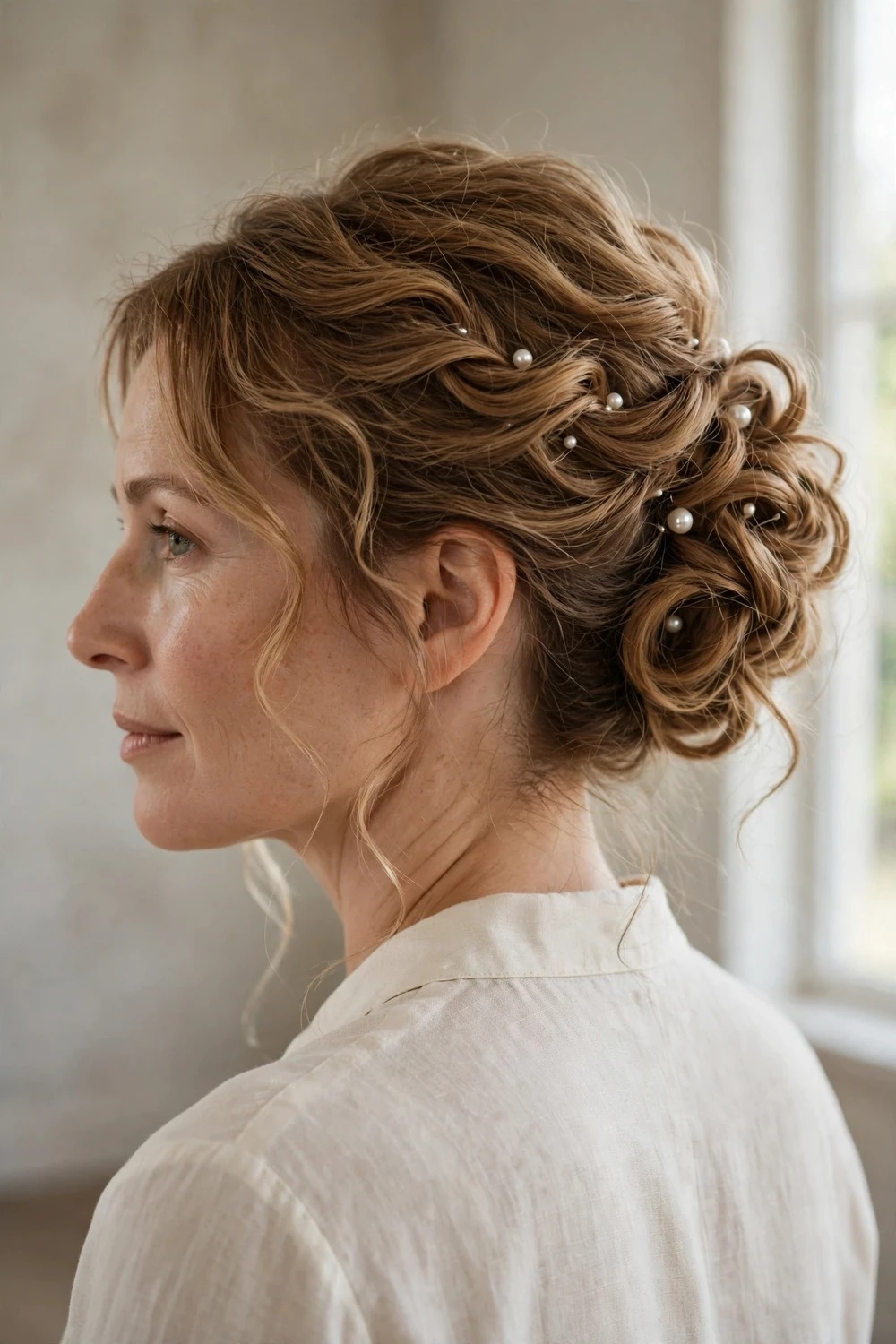 Loose romantic updo with pearl pins church hairstyle