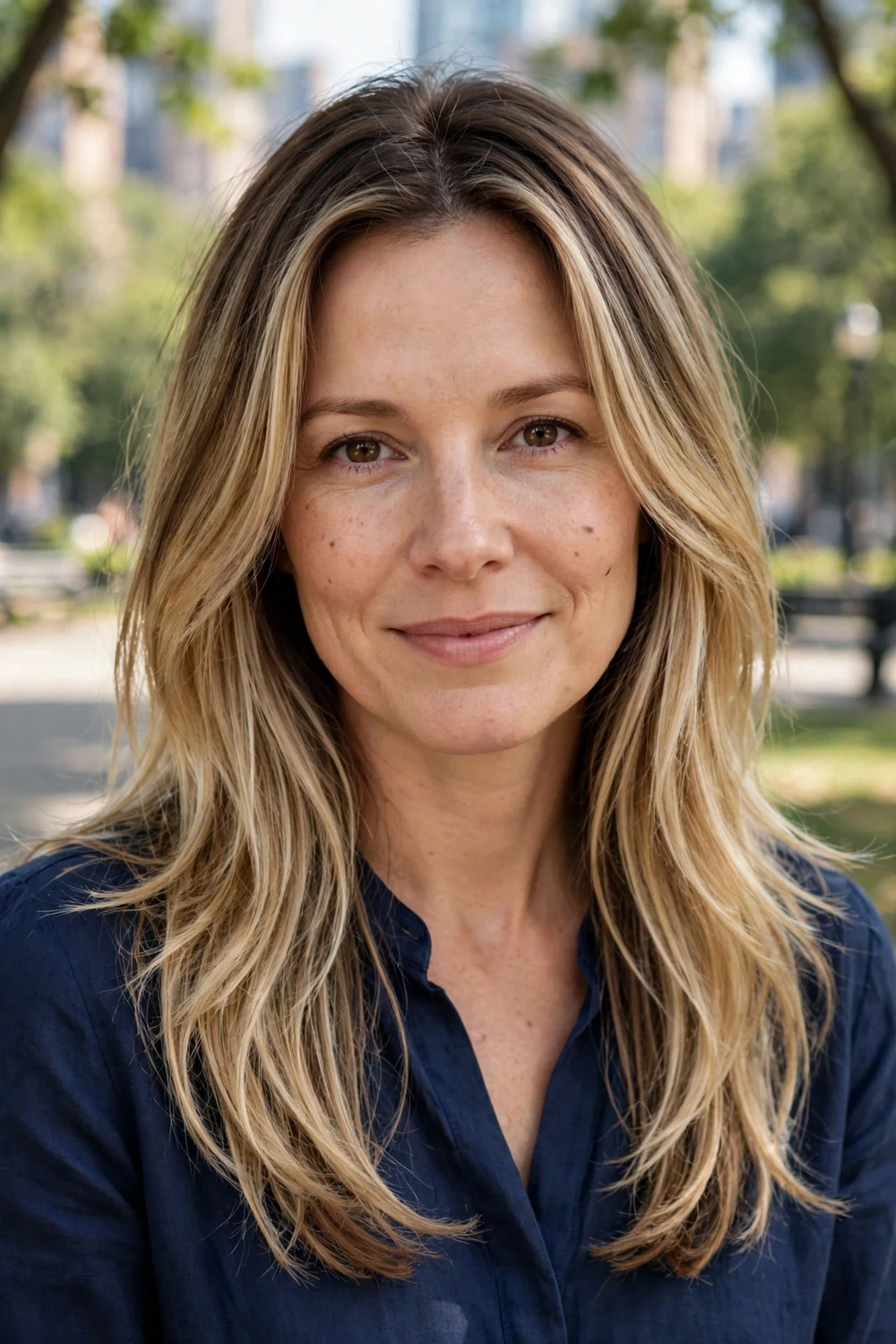 Caucasian woman in her late 30s with long layered dirty blonde hair with darker roots melting seamlessly into lighter blonde lengths