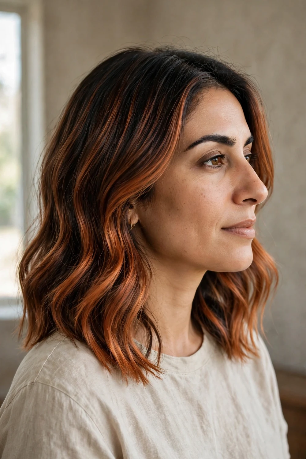 Root-shadow cowboy copper balayage with dark roots melted into copper