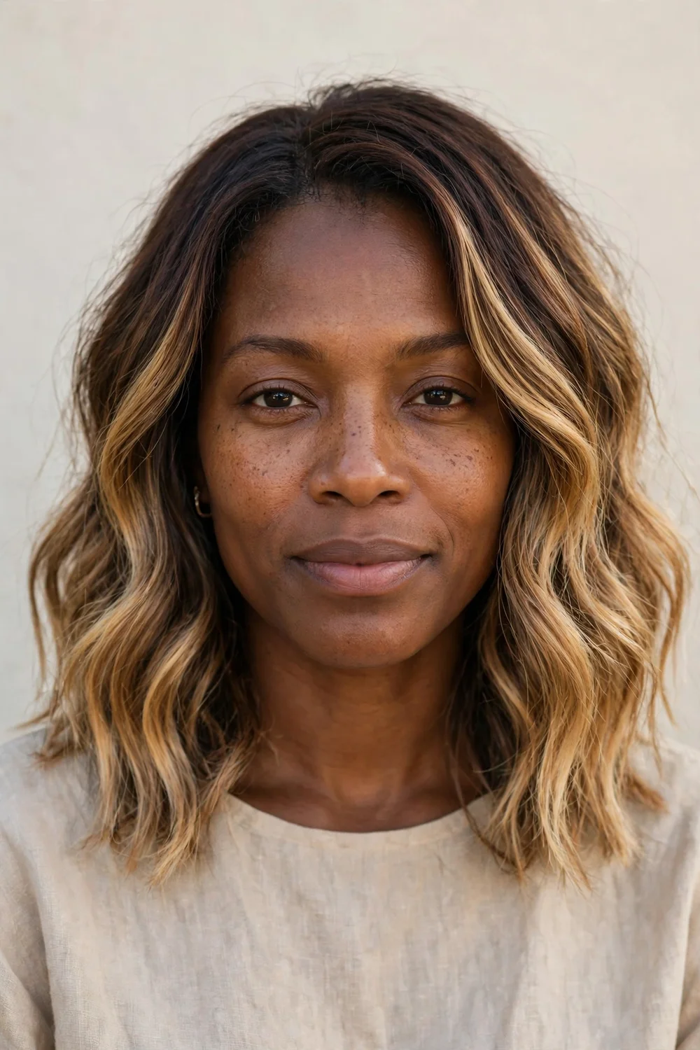 Woman with rooted blonde balayage, dark roots melting into blonde lengths on brown hair