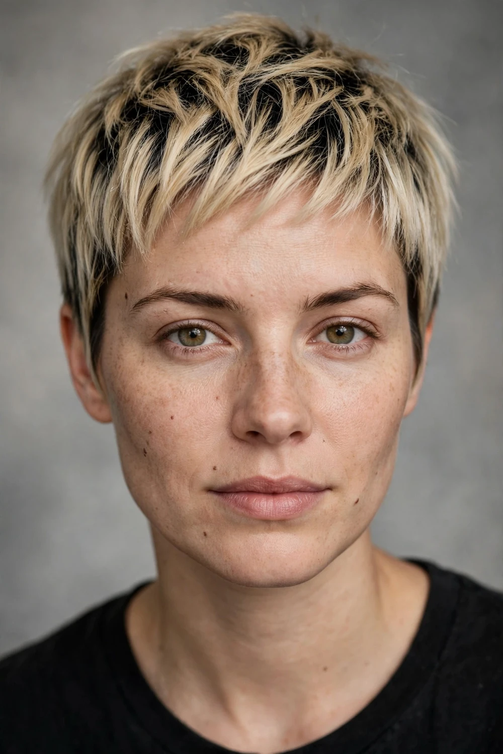 Short blonde pixie cut with dark roots adding depth