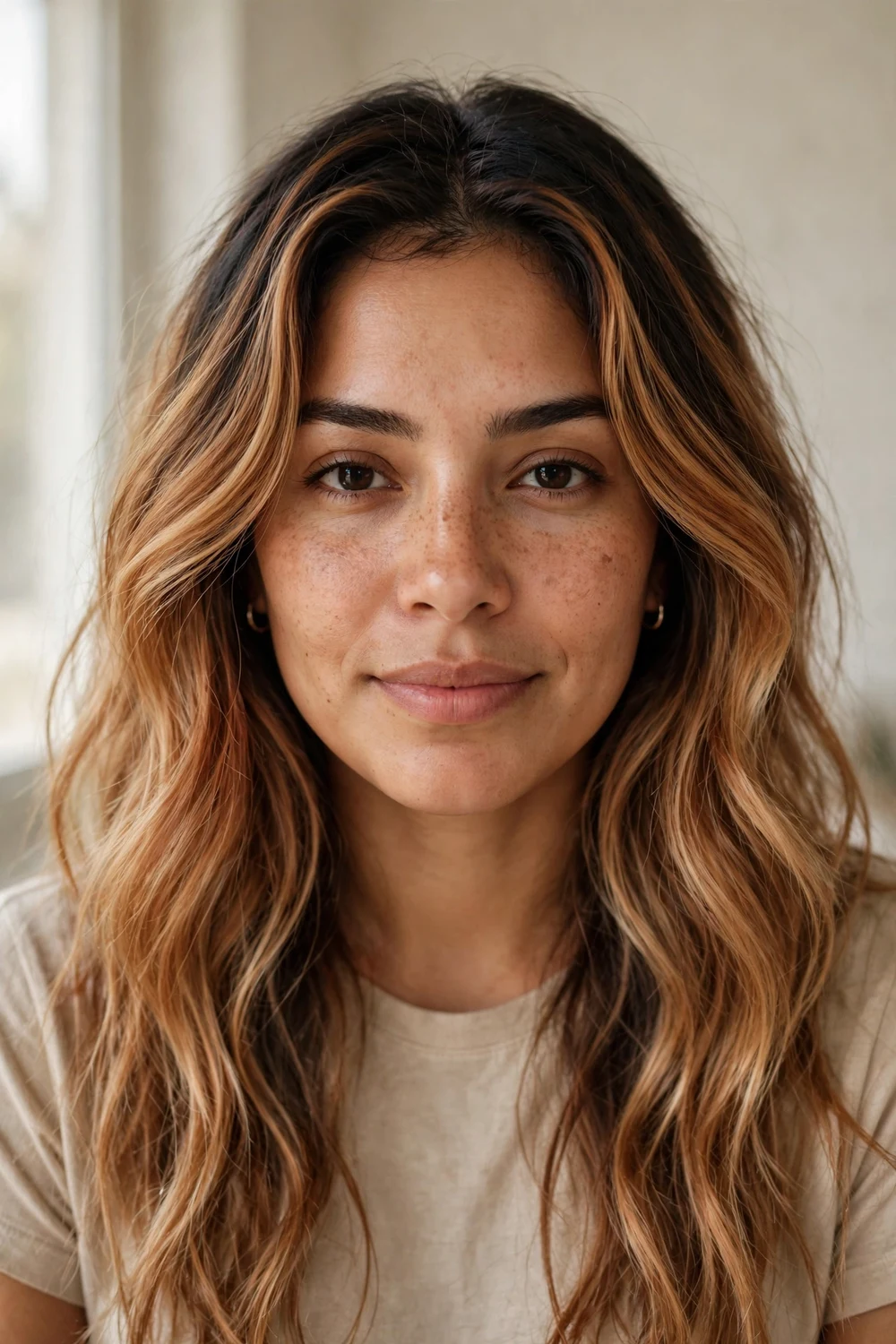 Long wavy hair with soft grown-out roots blending into copper-toned blonde