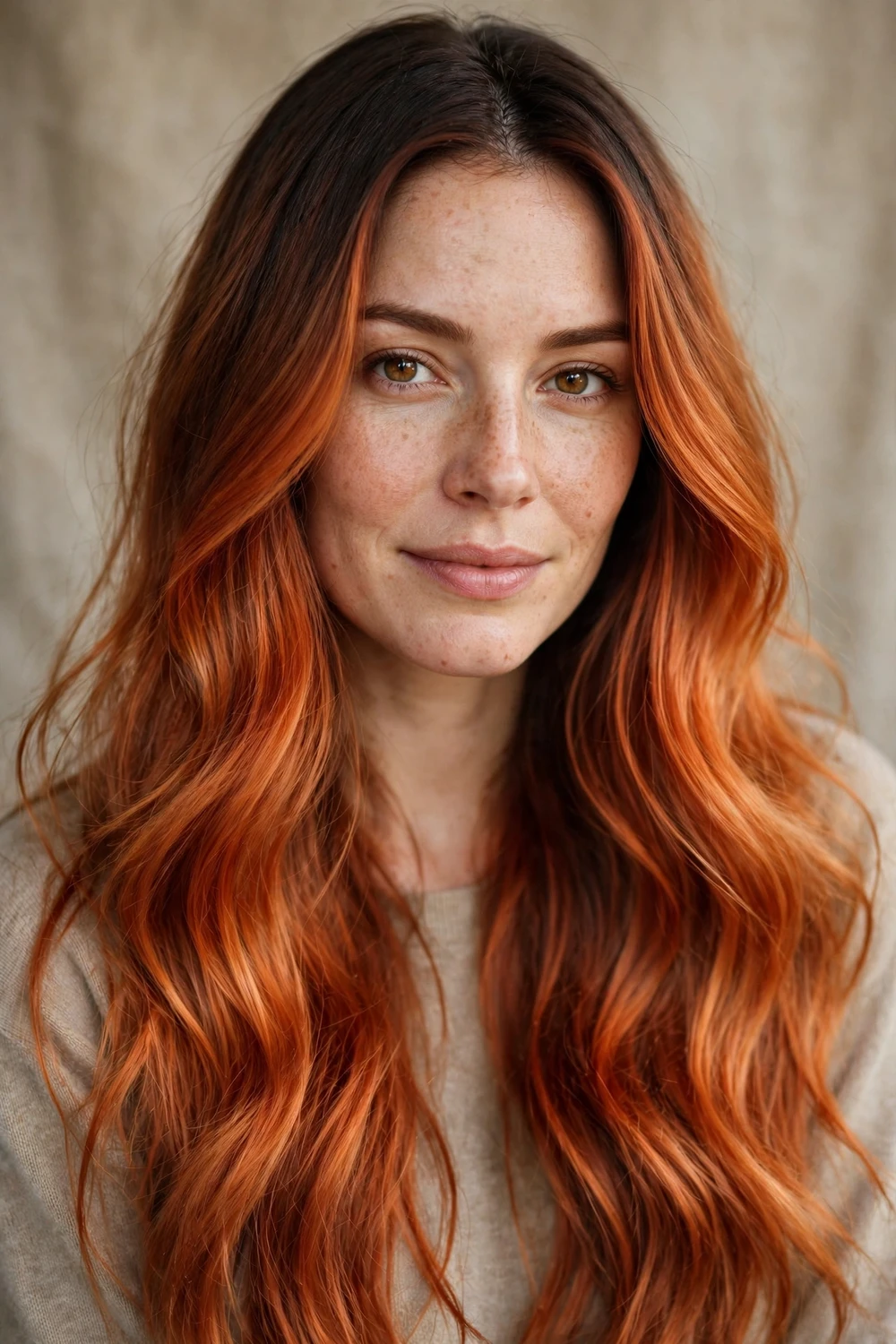 Woman with rooted copper melt, dark roots melting into vibrant copper