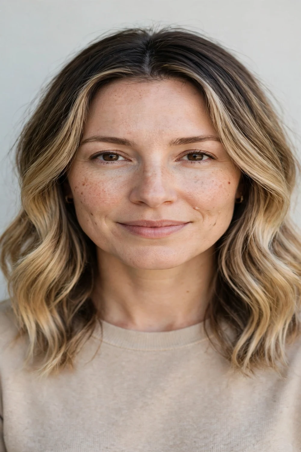 Woman with rooted partial balayage, shadowed roots blending to light ends