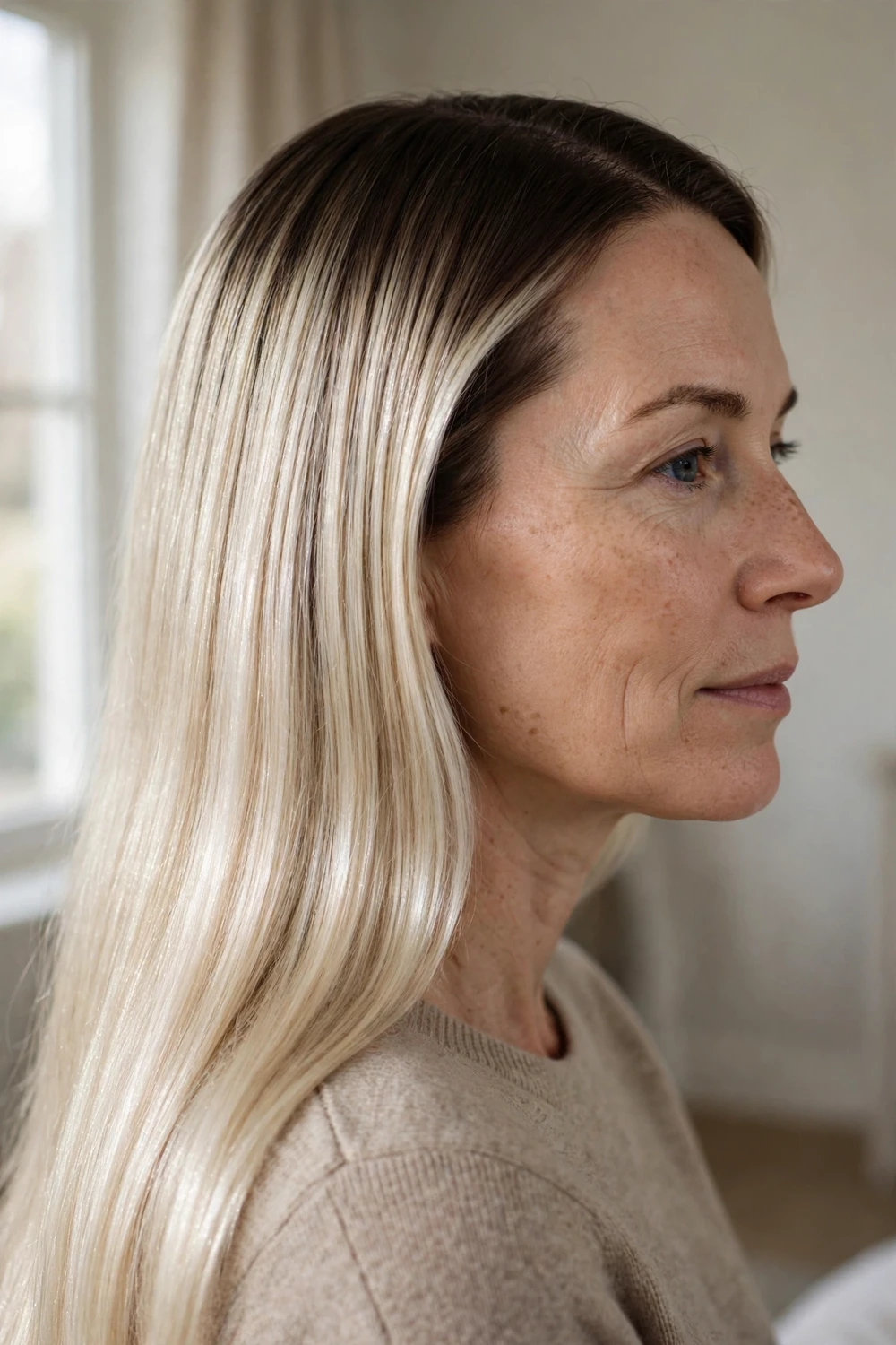 Deep brunette roots with pearlescent shimmering blonde lengths