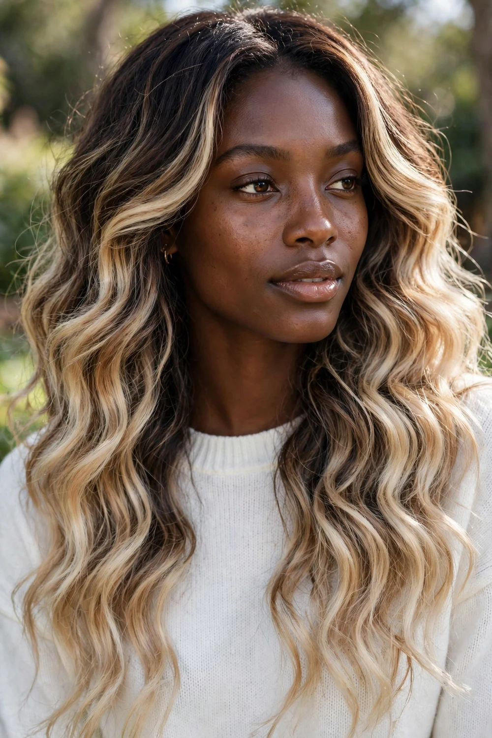 Woman with rooted vanilla bean balayage, dark natural roots melting into warm vanilla blonde