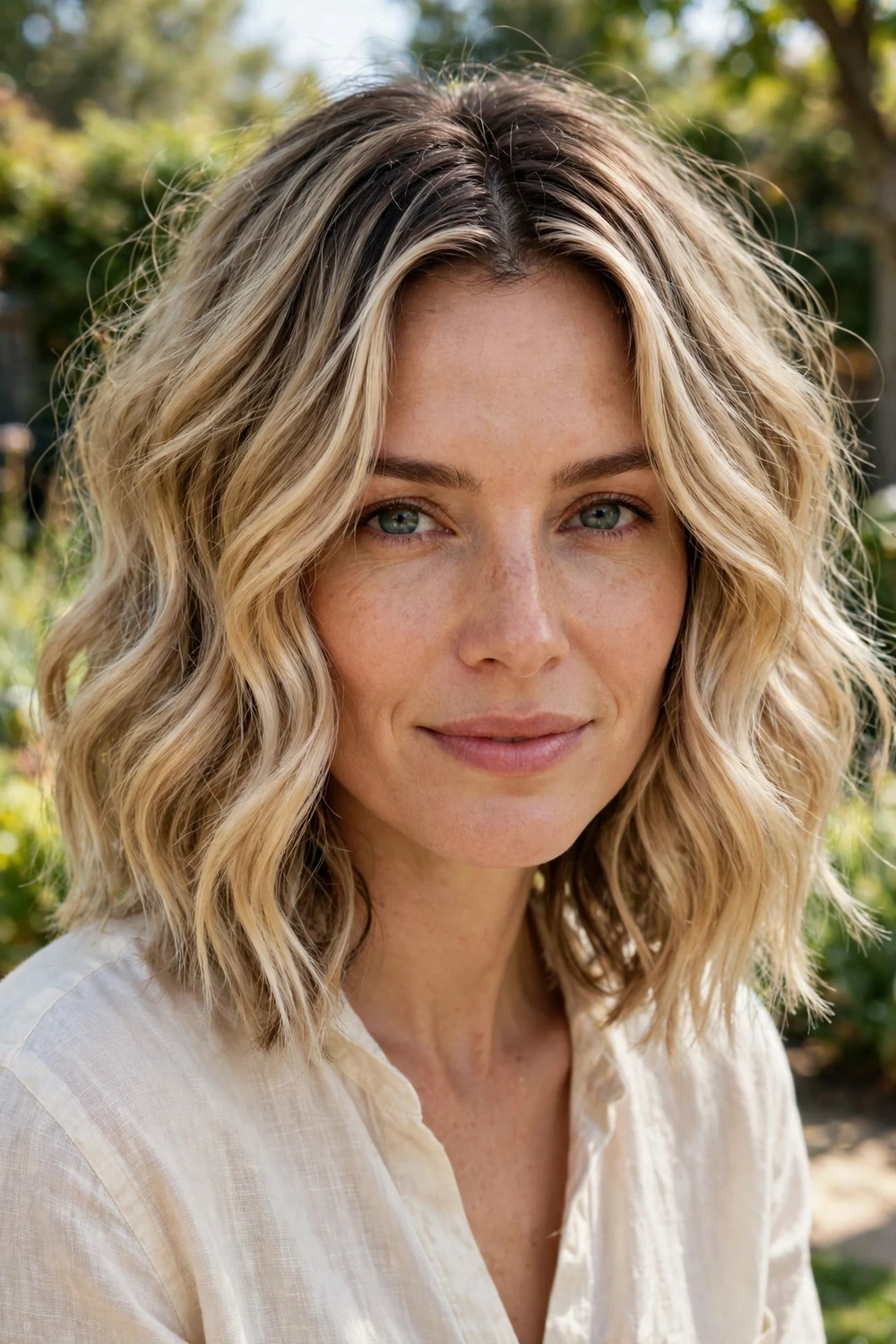 Dimensional blonde wavy lob with visible dark roots
